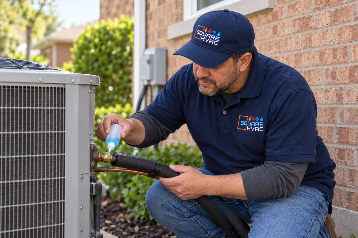 Illustrative scene of the SquareHVAC owner checking a residential AC refrigerant fitting