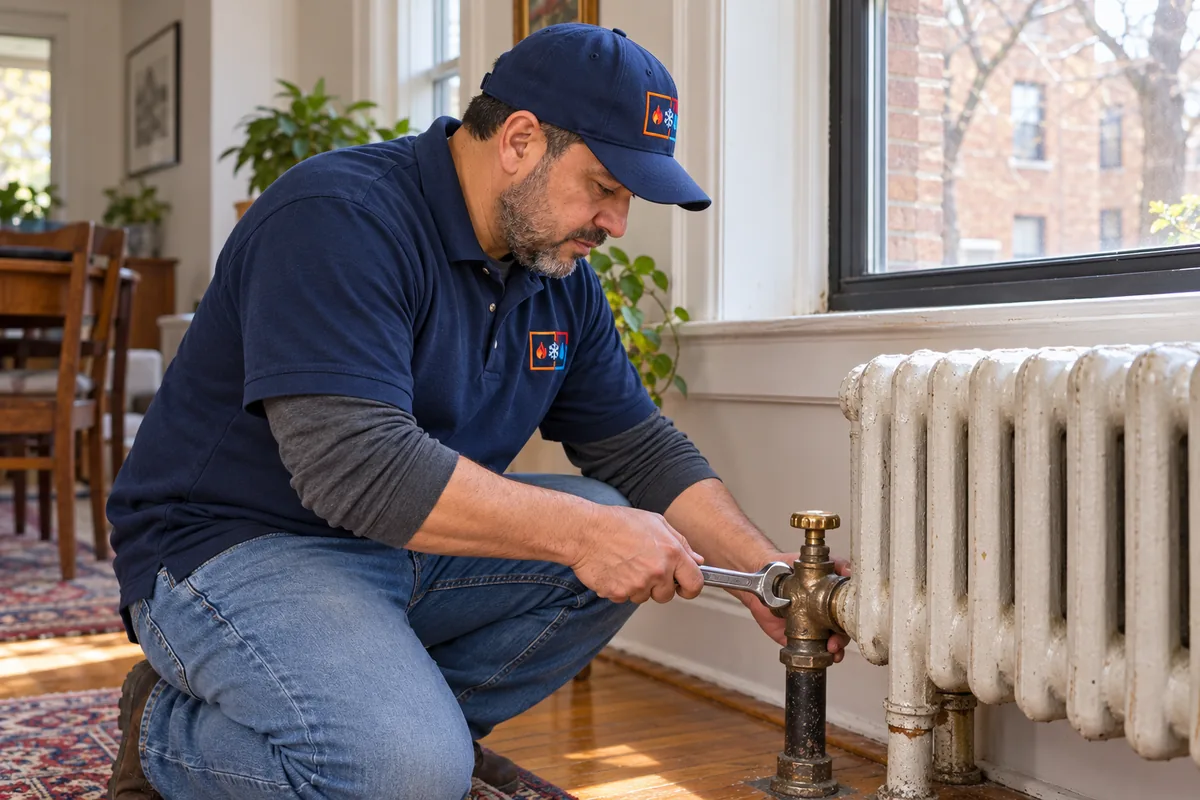 Illustrative scene of the SquareHVAC owner inspecting a residential radiator valve