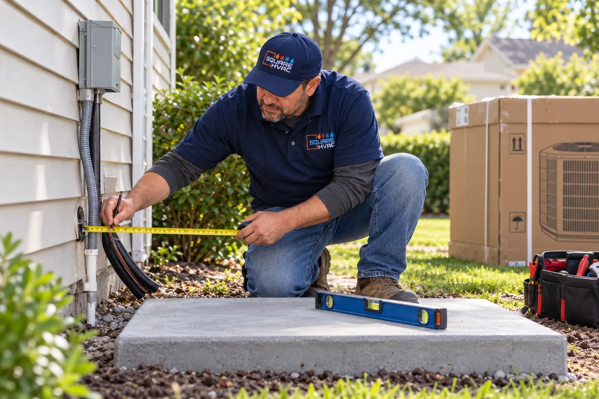 Illustrative scene of the SquareHVAC owner measuring clearances for a residential AC installation