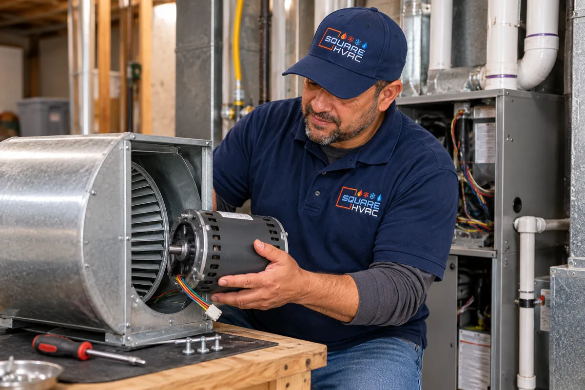 Illustrative scene of the SquareHVAC owner fitting a blower motor into a residential furnace housing