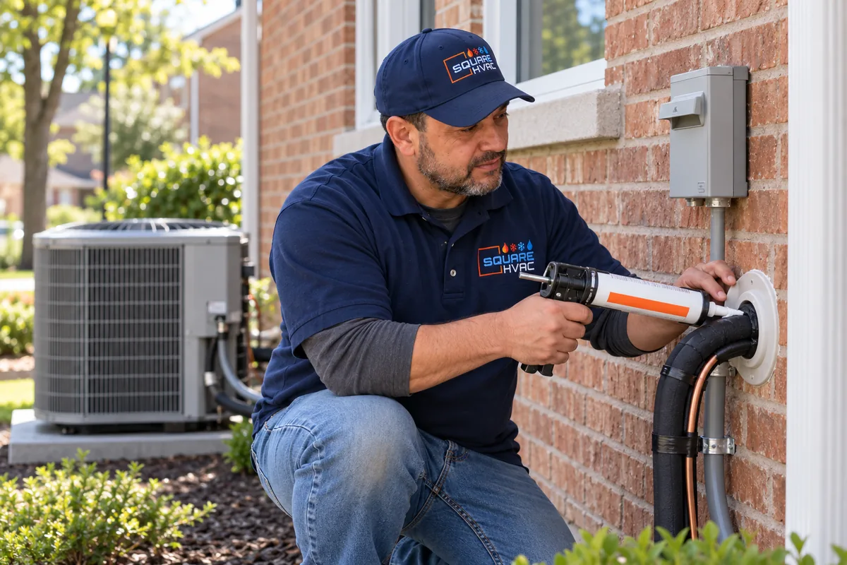 Illustrative scene of the SquareHVAC owner sealing an AC line entry at a brick house