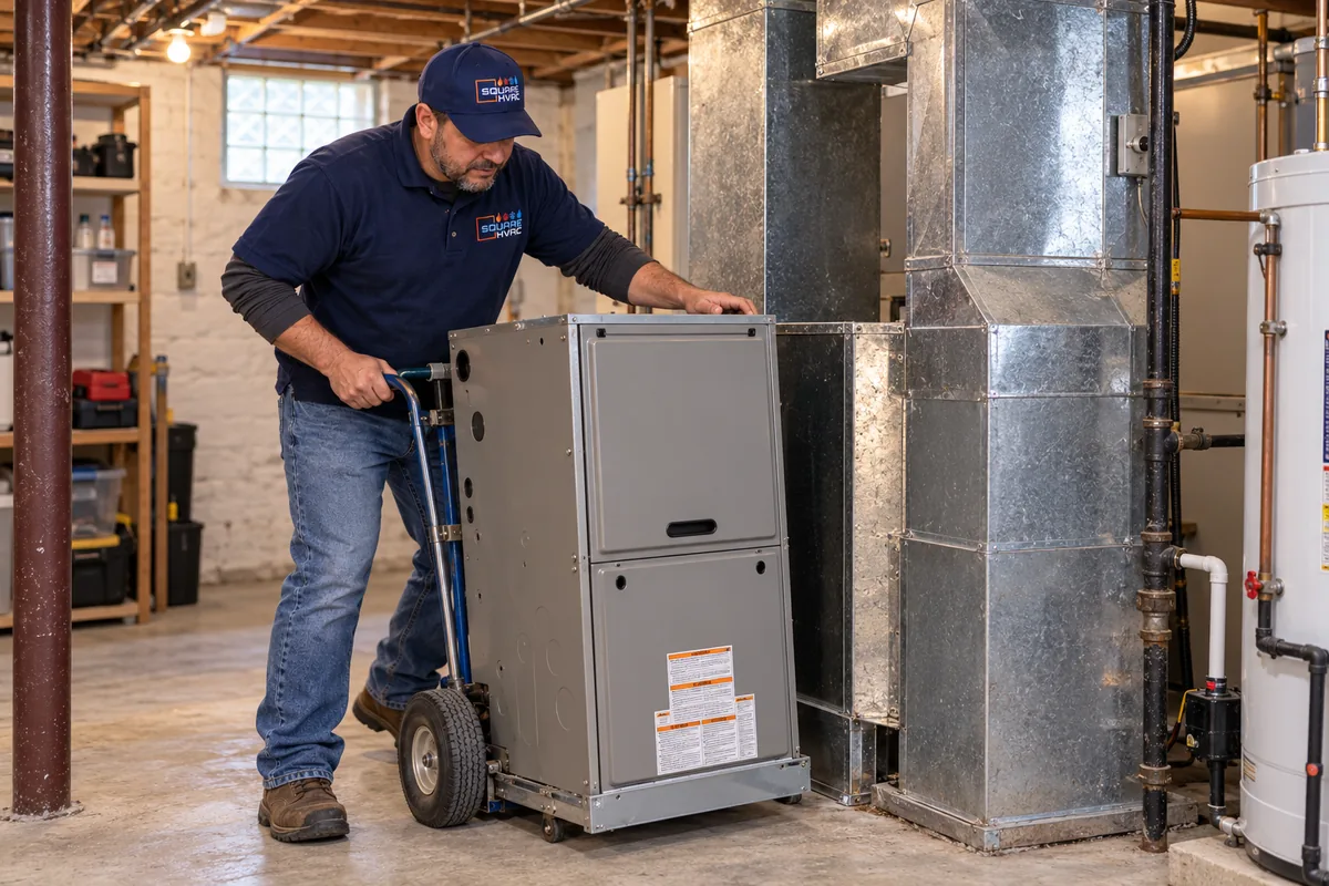 Illustrative scene of the SquareHVAC owner positioning a replacement residential furnace