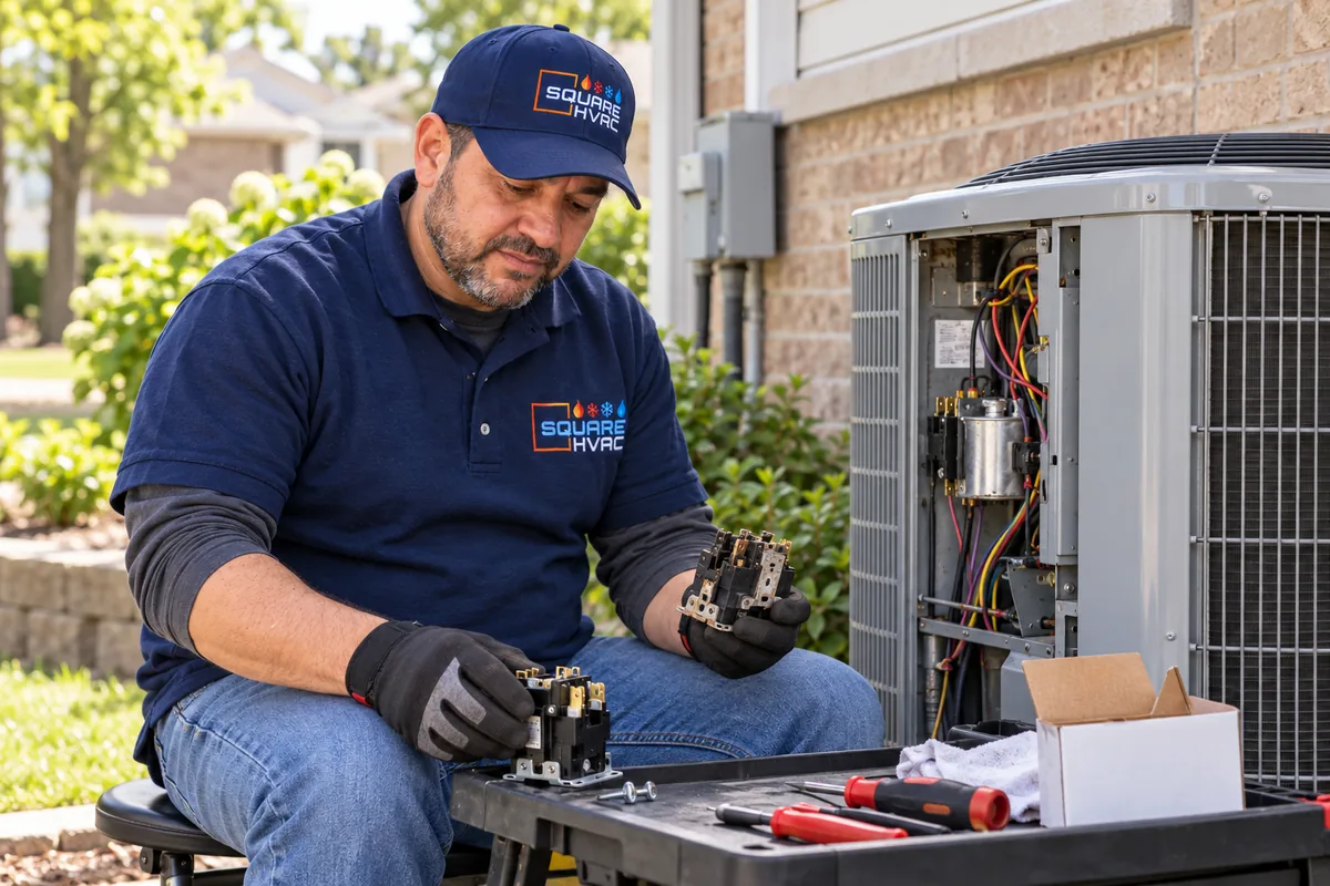 Illustrative scene of the SquareHVAC owner comparing an old AC contactor with its replacement