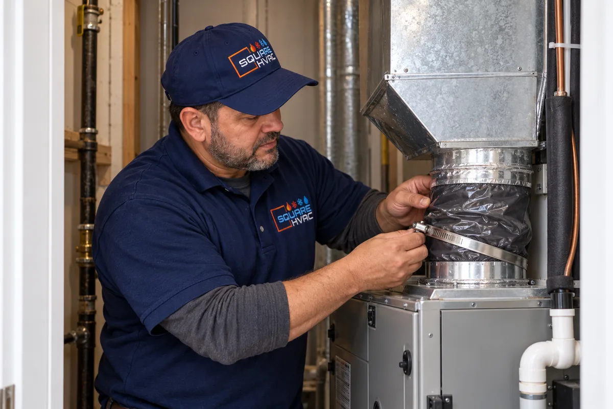Illustrative scene of the SquareHVAC owner fitting a supported residential duct connector
