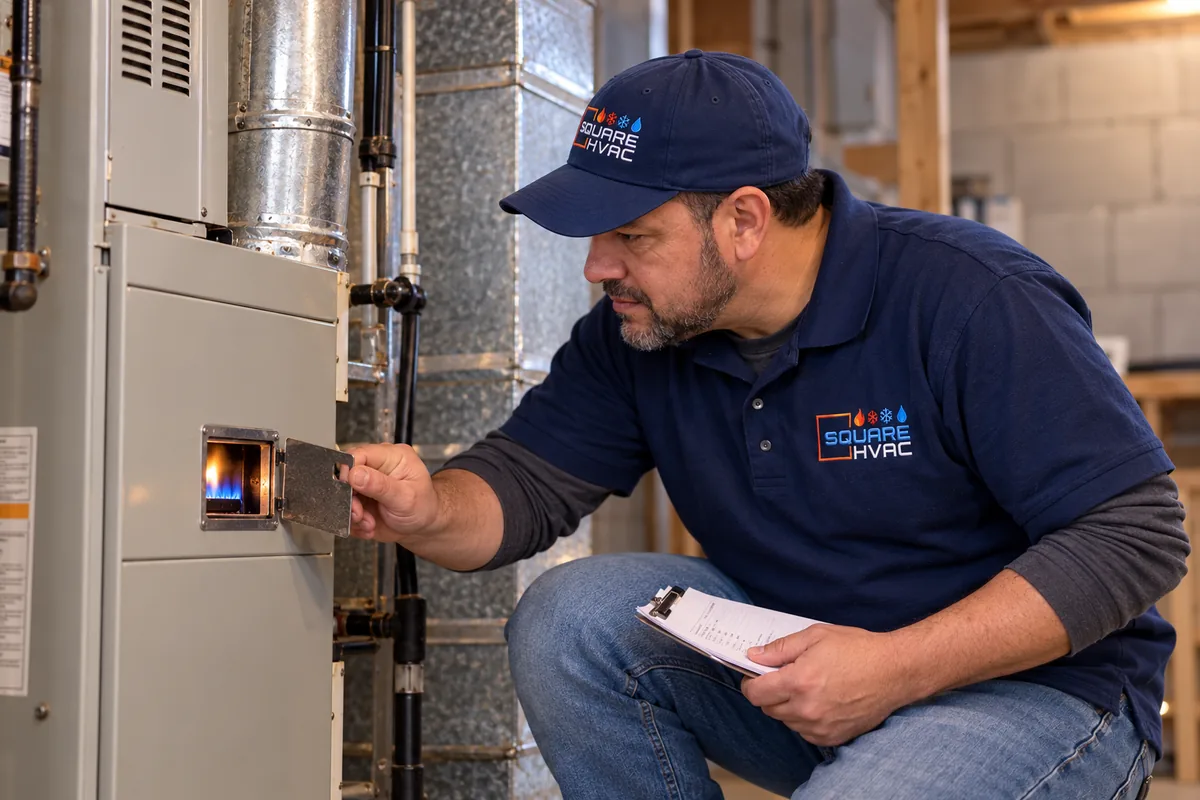 Illustrative scene of the SquareHVAC owner inspecting a residential furnace through its sight port