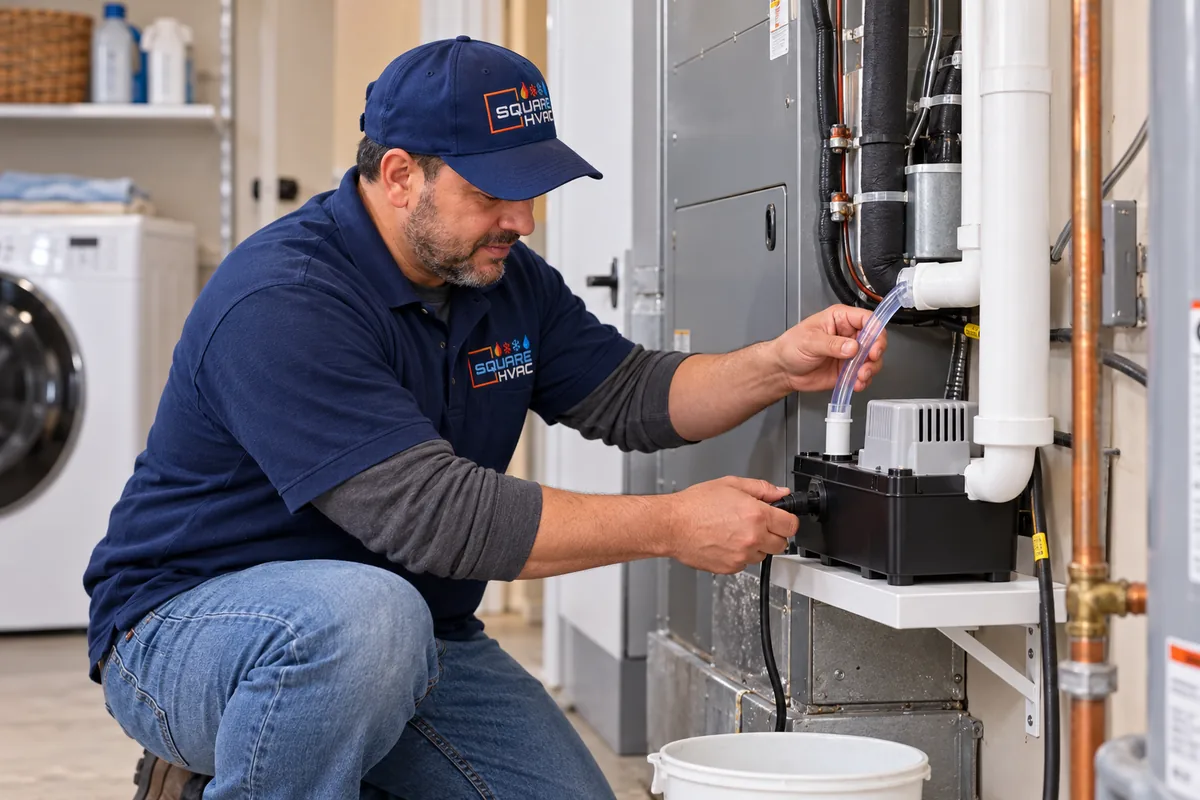 Illustrative scene of the SquareHVAC owner replacing a residential AC condensate pump