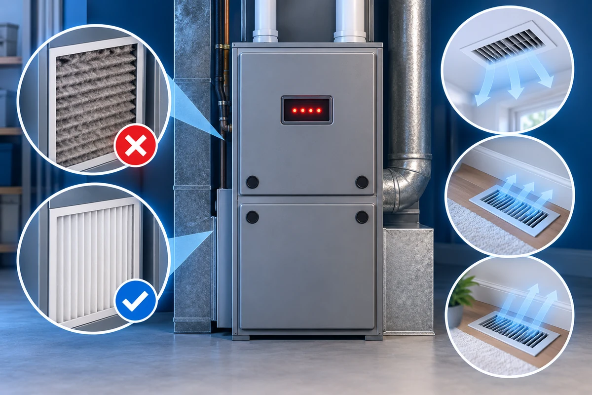 Furnace diagnostic light, filters and open supply registers