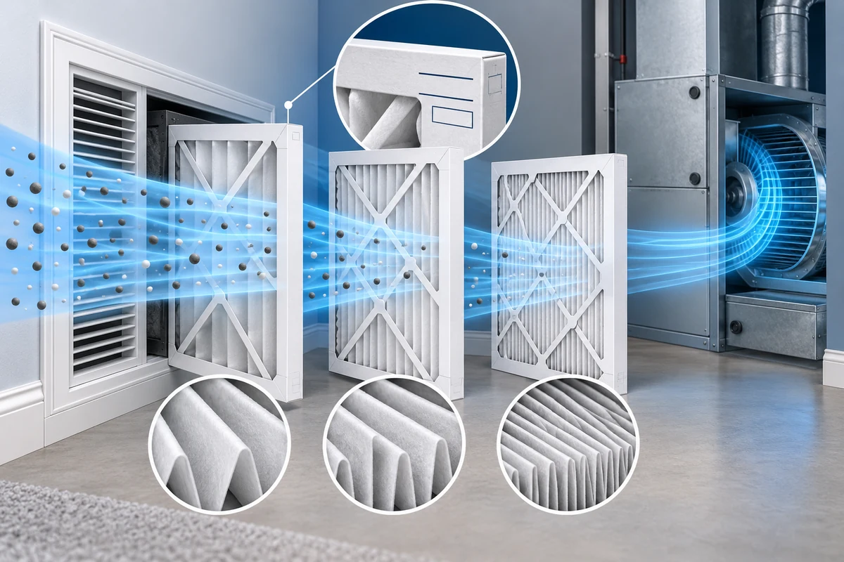 Pleated HVAC filters beside a return-air filter slot and furnace blower