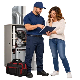 HVAC technician explaining a written quote to a homeowner before work begins