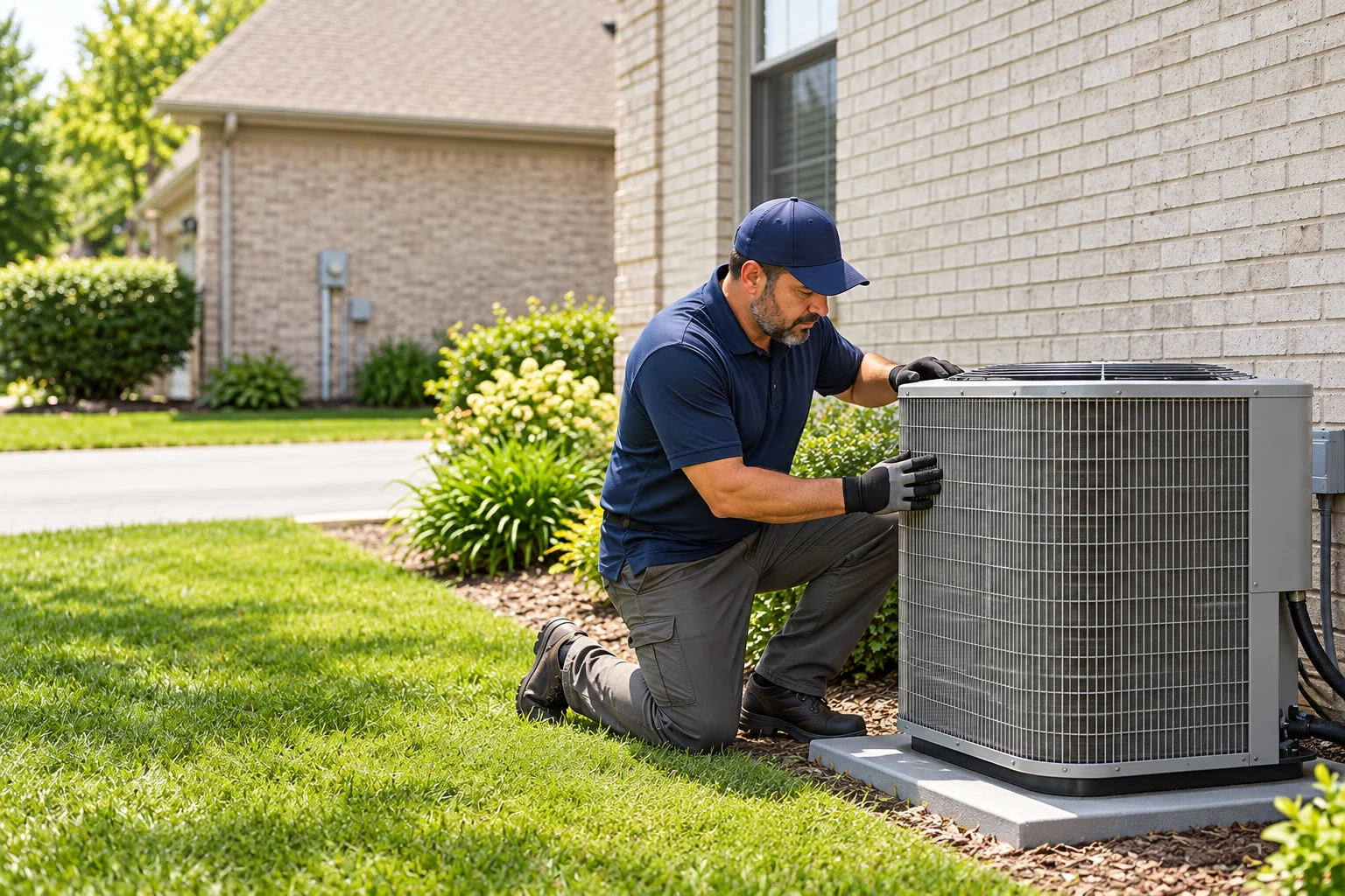 SquareHVAC technician cleaning the coil of an outdoor air conditioner