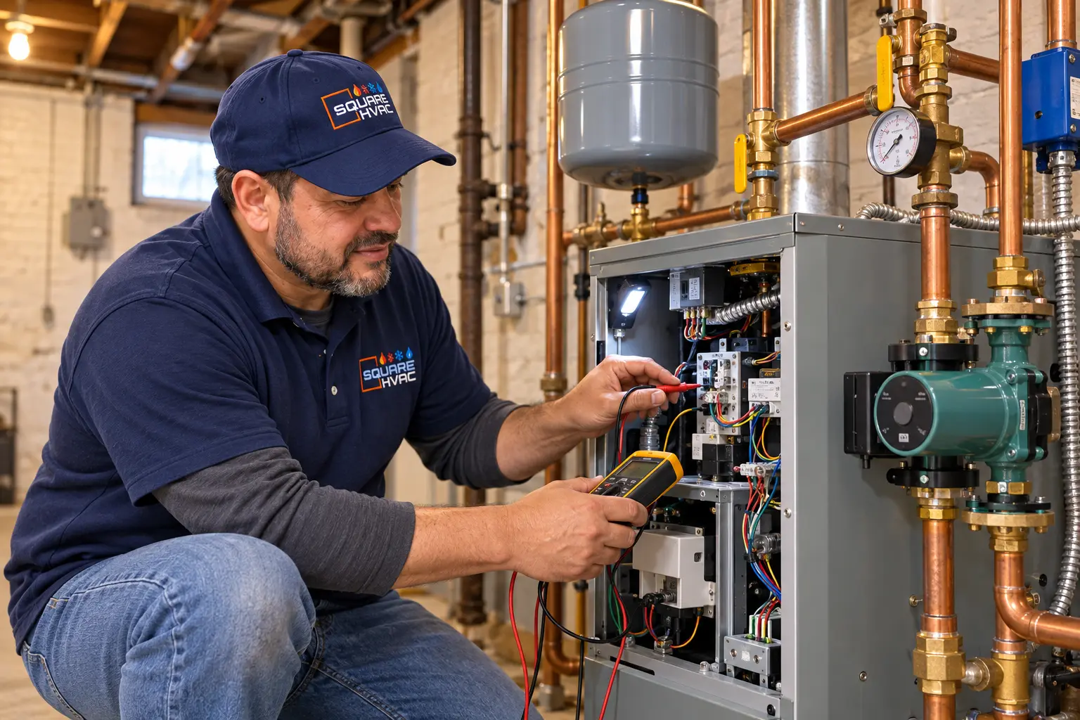 SquareHVAC technician testing the controls of a gas boiler