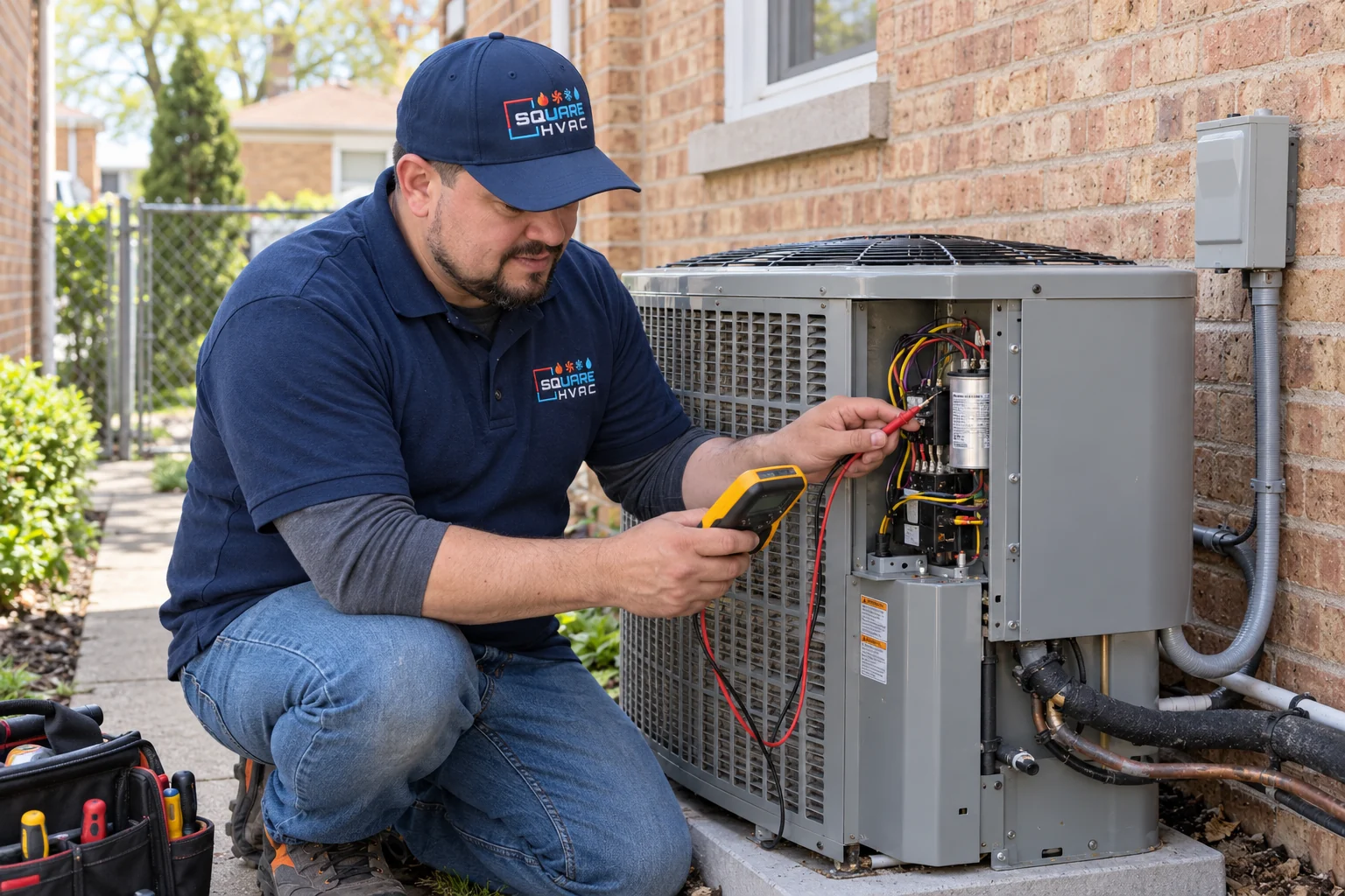 SquareHVAC owner diagnosing an outdoor air conditioner at a Bellwood home