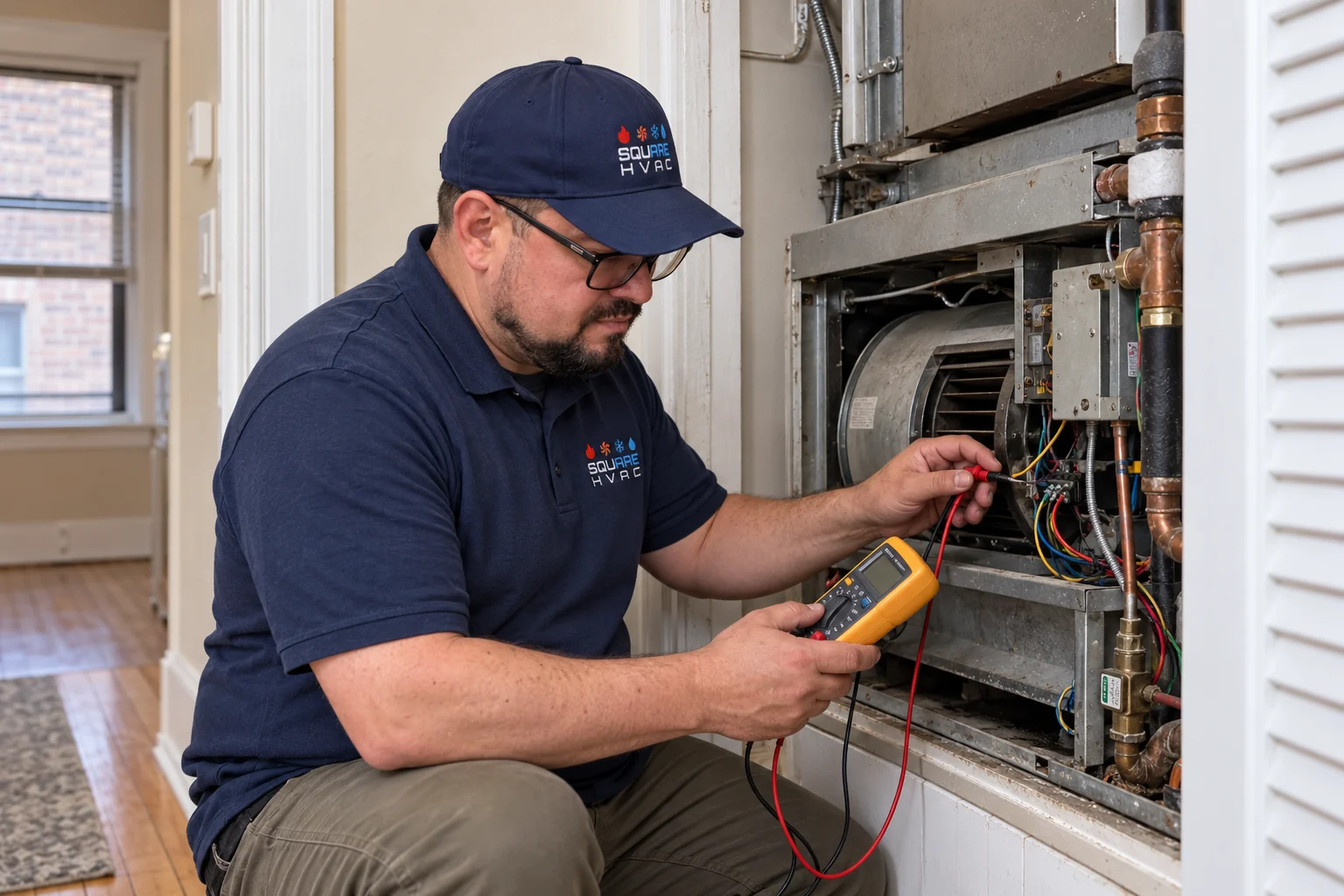 SquareHVAC owner diagnosing a fan-coil unit in a Chicago apartment