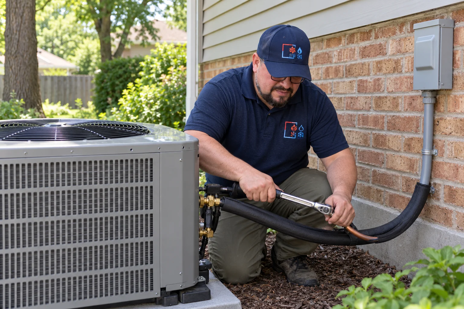 SquareHVAC owner preparing a new air conditioner for startup in Downers Grove