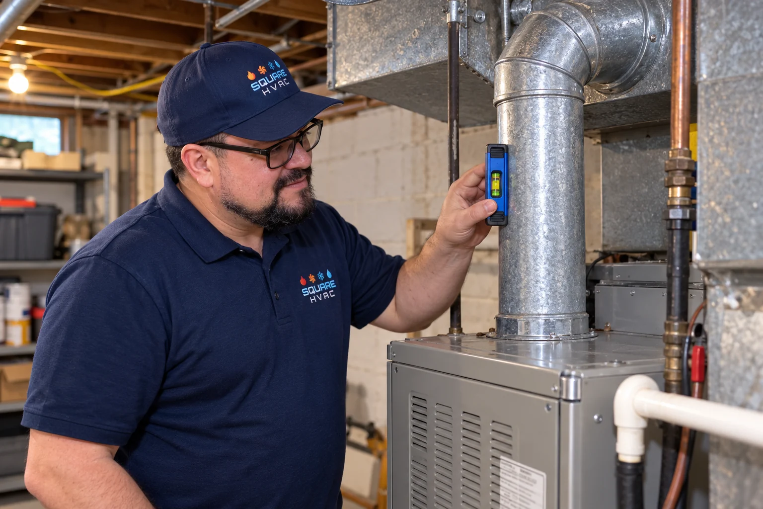 SquareHVAC owner checking furnace venting in a Glen Ellyn home
