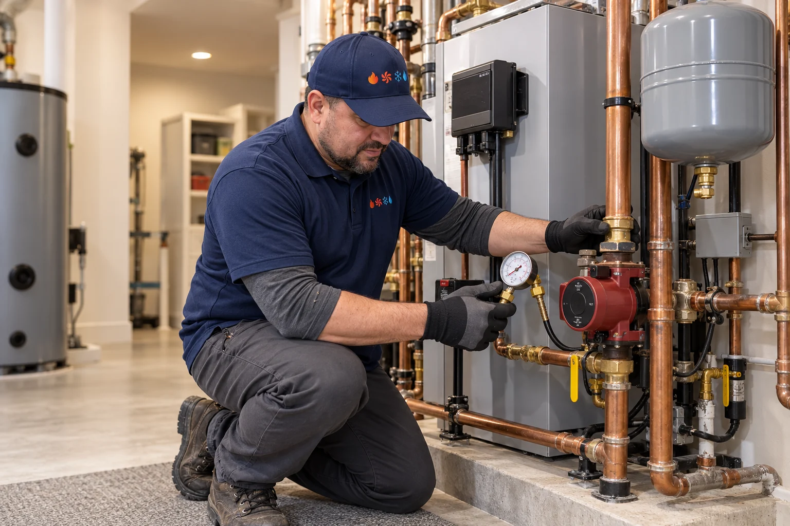 SquareHVAC owner checking boiler pressure in a Hinsdale home