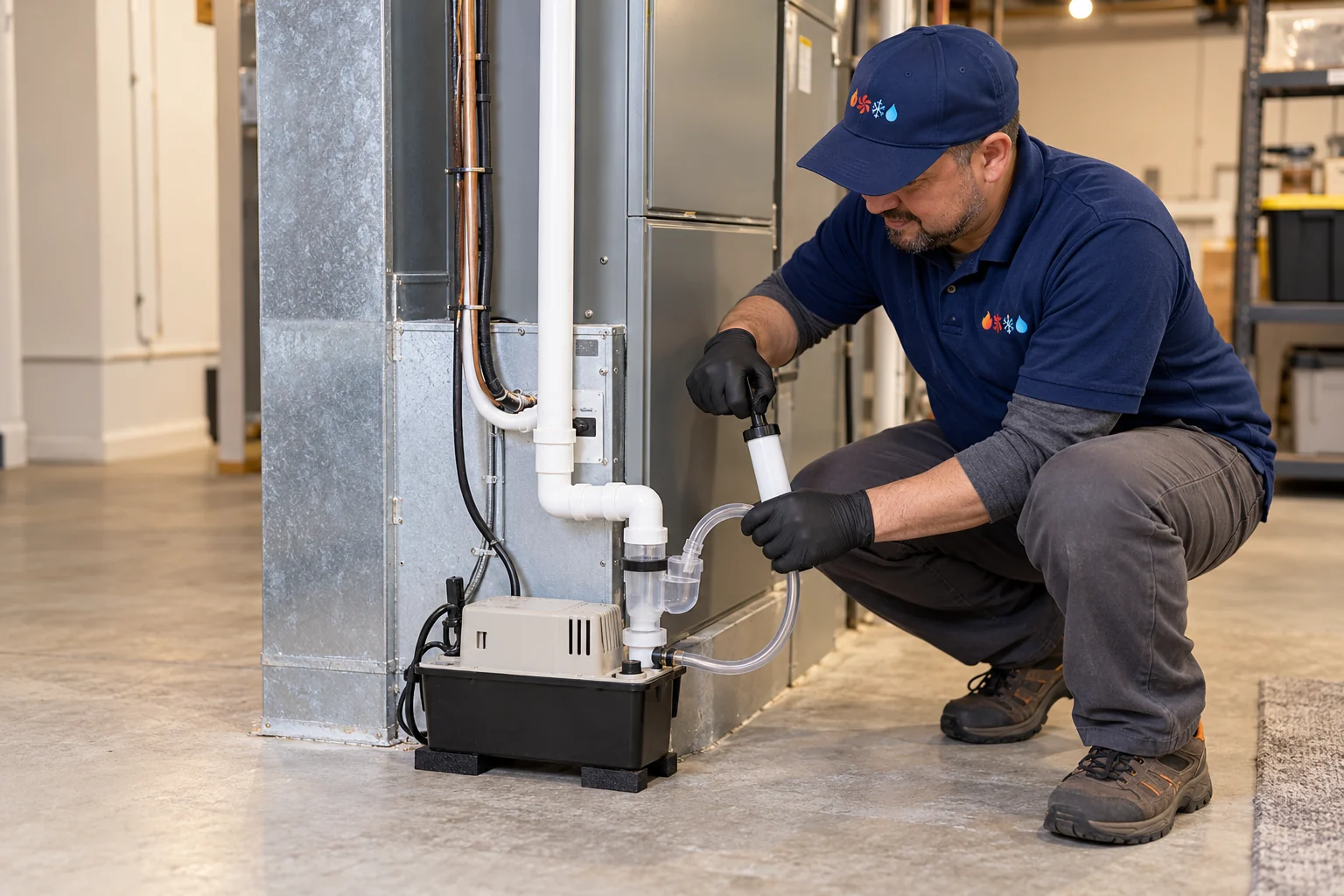 SquareHVAC owner testing an air-conditioner condensate drain in a Lombard home
