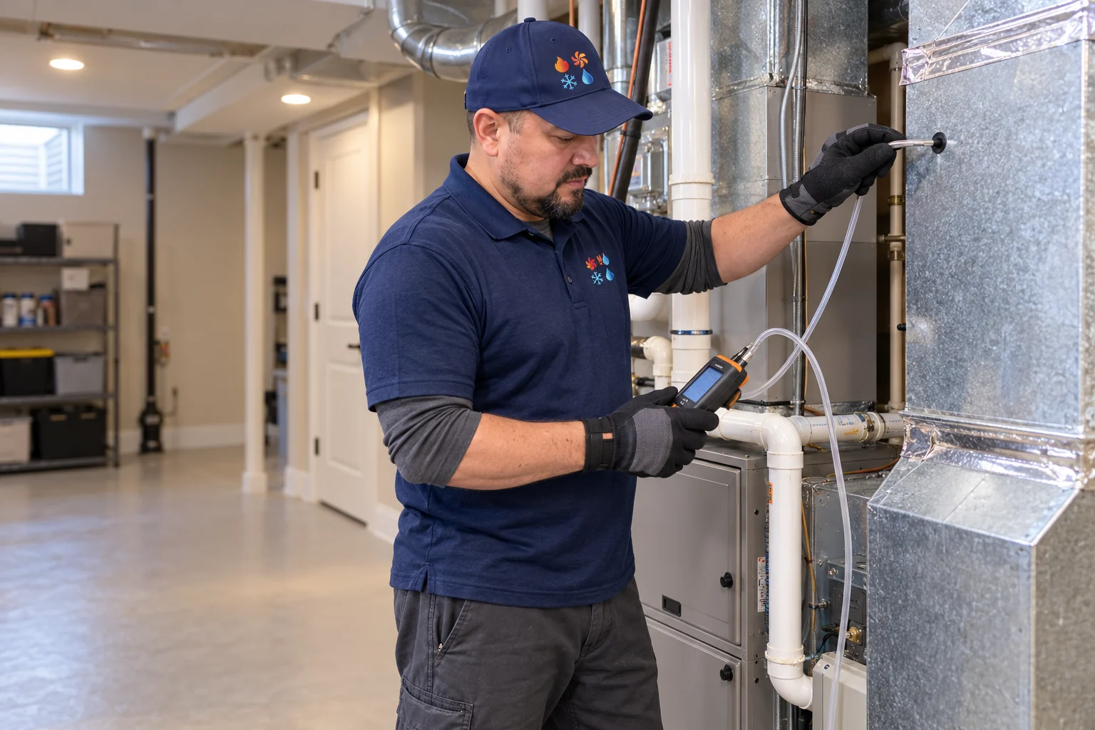 SquareHVAC owner measuring duct static pressure in a Naperville home