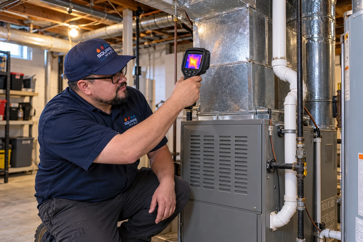 SquareHVAC owner using a thermal camera to inspect furnace ductwork in Westchester