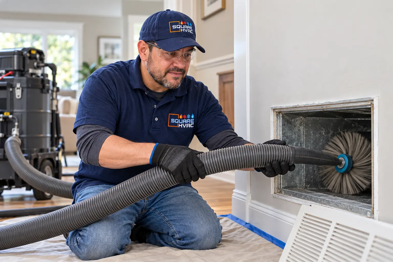 SquareHVAC technician cleaning a duct with a rotating brush and a vacuum hose