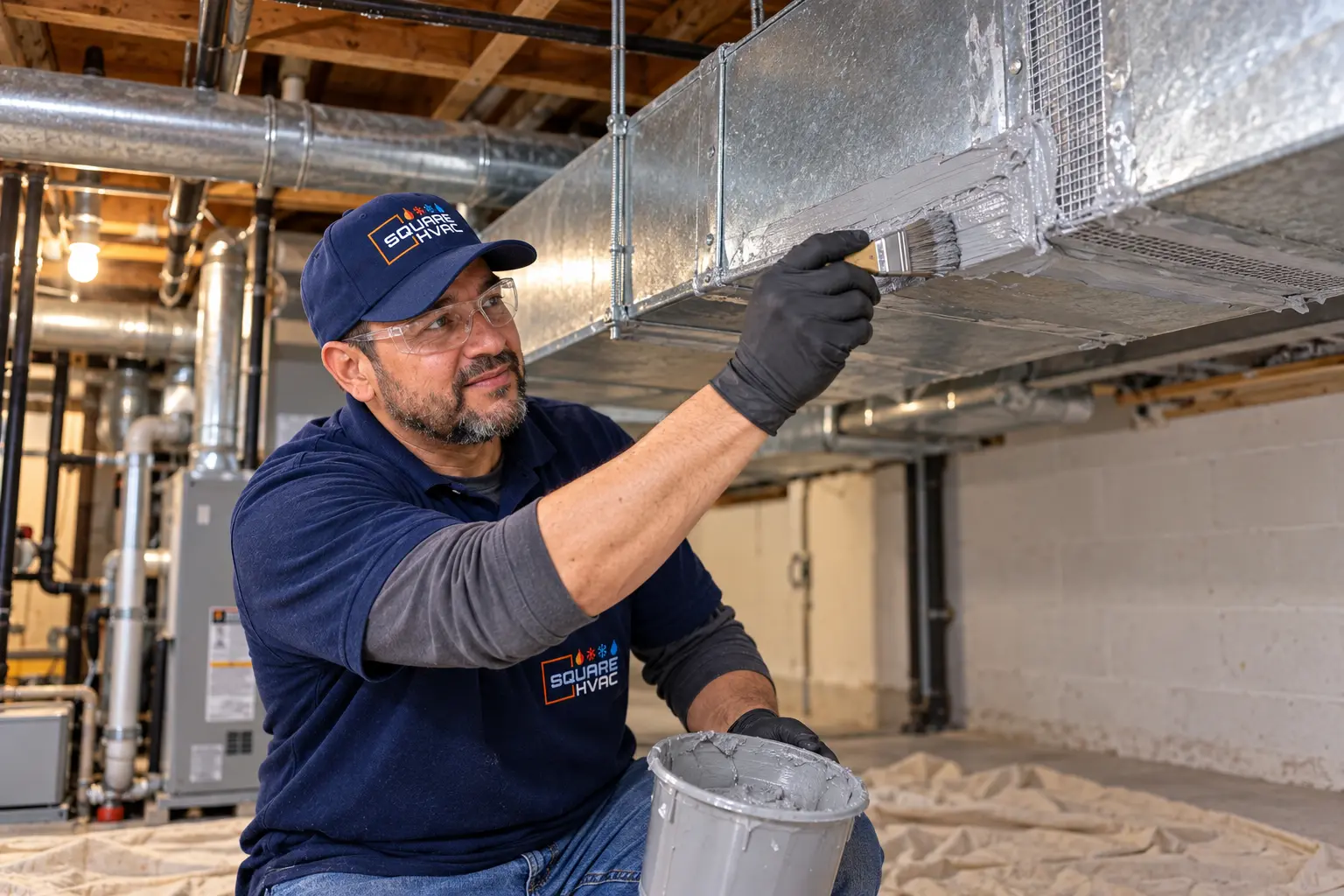 SquareHVAC technician sealing a basement duct joint with mastic
