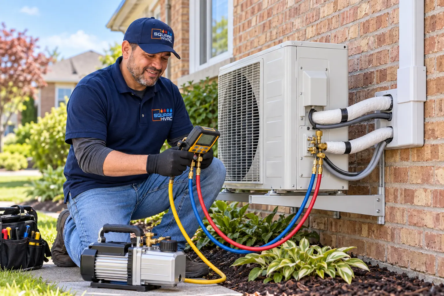 SquareHVAC technician checking a ductless mini-split outdoor unit with gauges