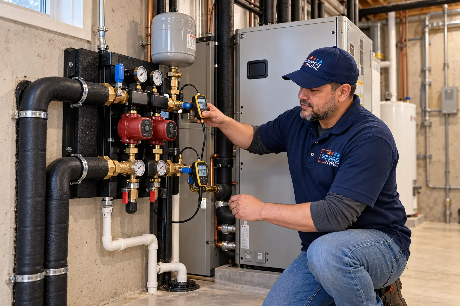 SquareHVAC technician checking the loop manifold of a geothermal heat pump