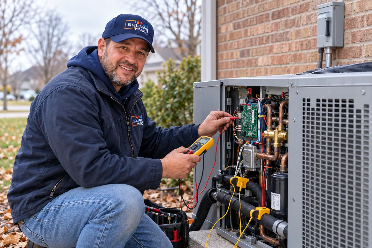 SquareHVAC technician testing the control board of an outdoor heat pump