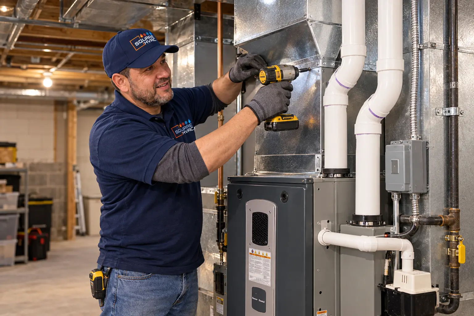 SquareHVAC technician installing a new gas furnace in a basement
