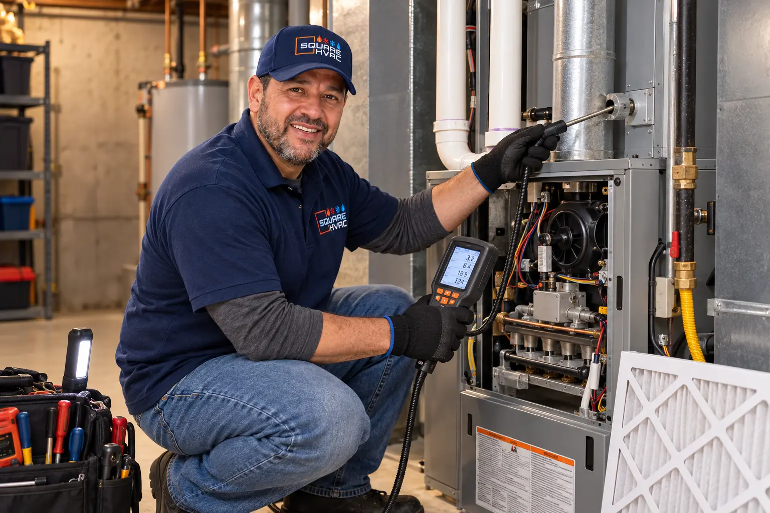 SquareHVAC technician testing a furnace with a combustion analyzer