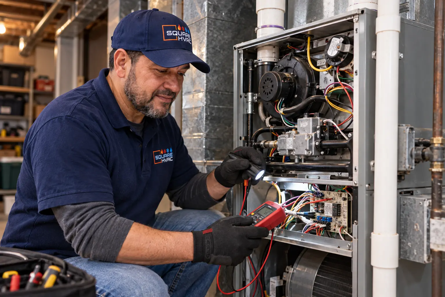 SquareHVAC technician testing the controls of a gas furnace with a meter