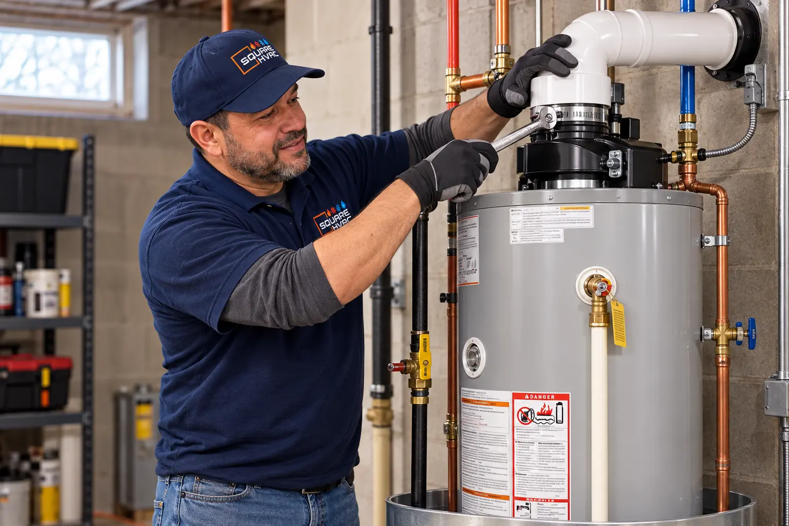 SquareHVAC technician connecting the vent of a power-vent water heater
