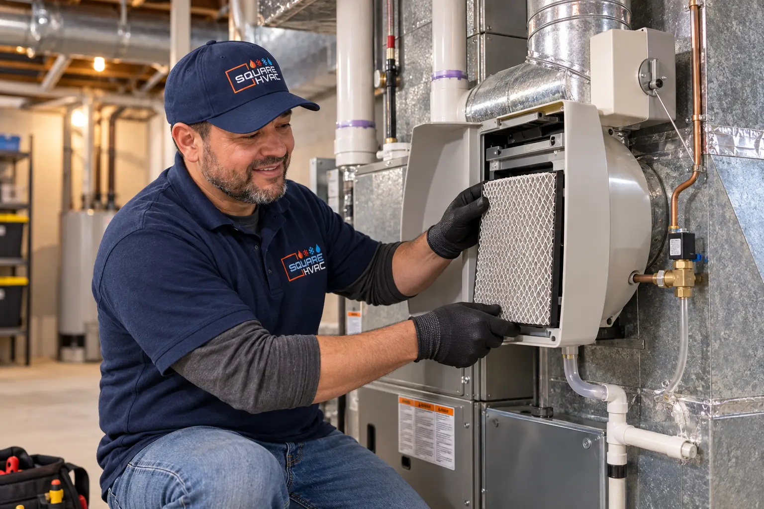SquareHVAC technician servicing a whole-home humidifier on a furnace