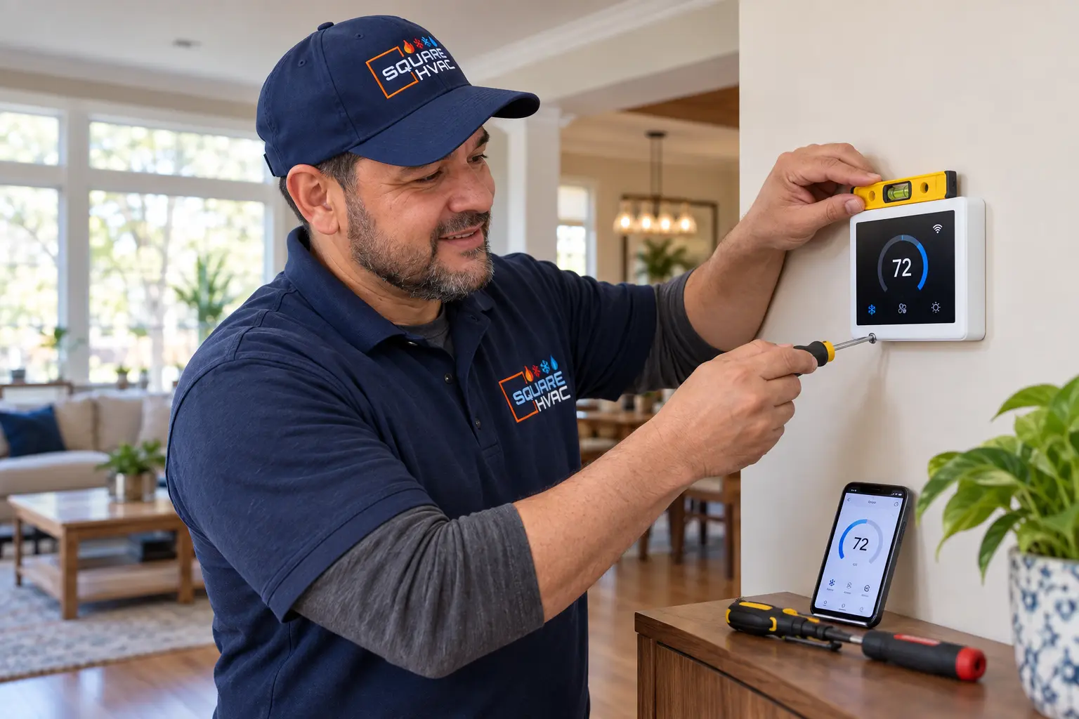 SquareHVAC technician mounting a smart thermostat on a wall