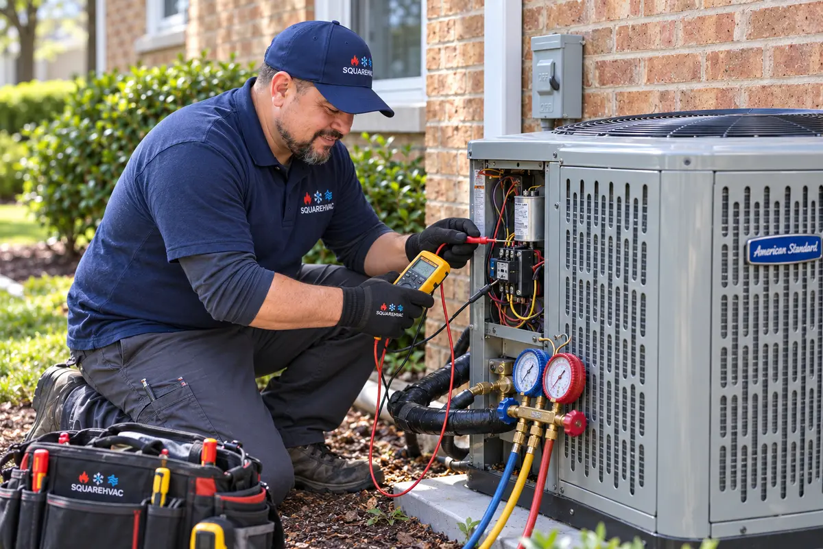 SquareHVAC technician testing an outdoor air conditioner with a meter and refrigerant gauges