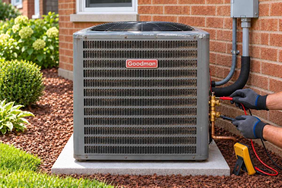 Older Goodman condenser tested with two service leads while the meter sits beside the pad