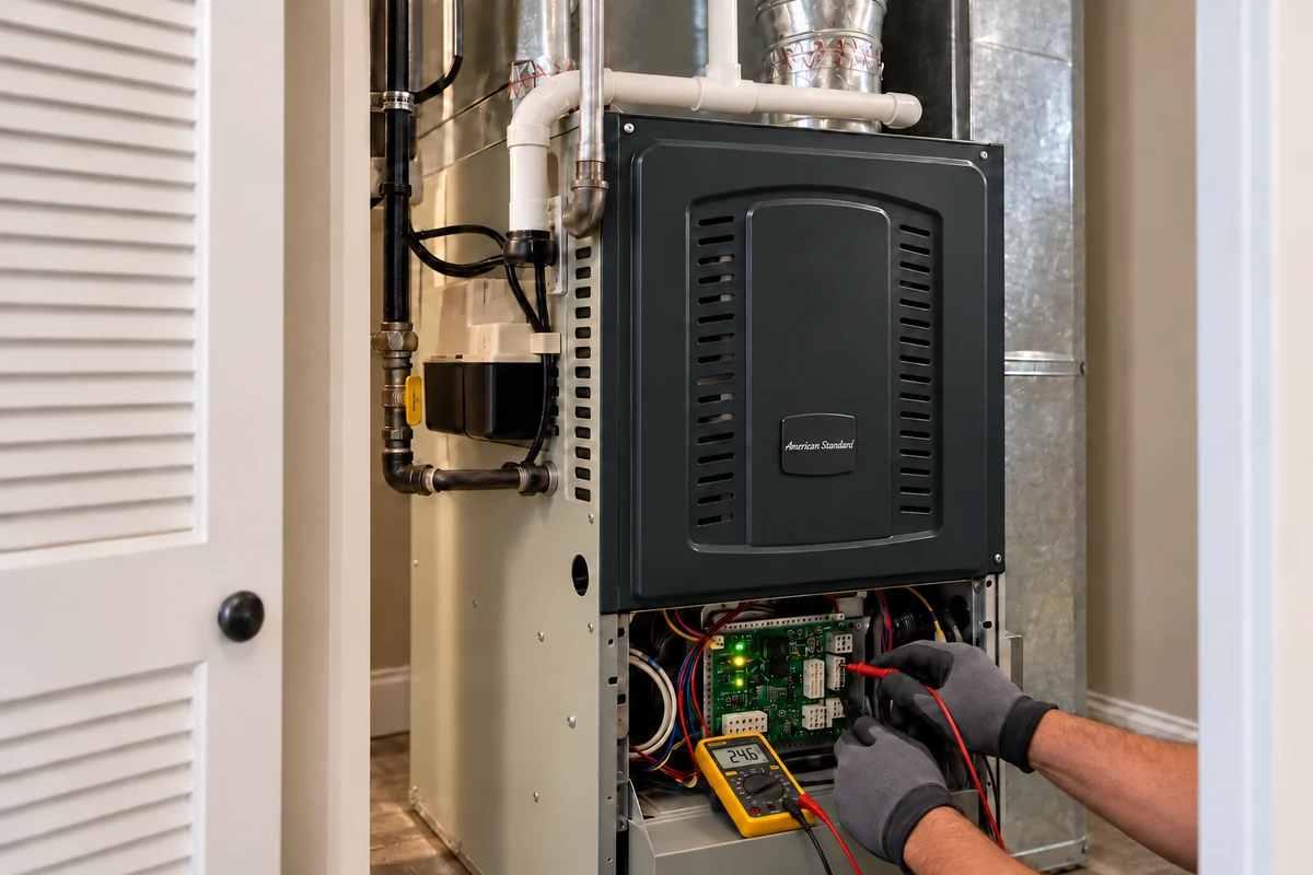 American Standard furnace diagnostic board tested with a digital meter in a townhouse utility closet