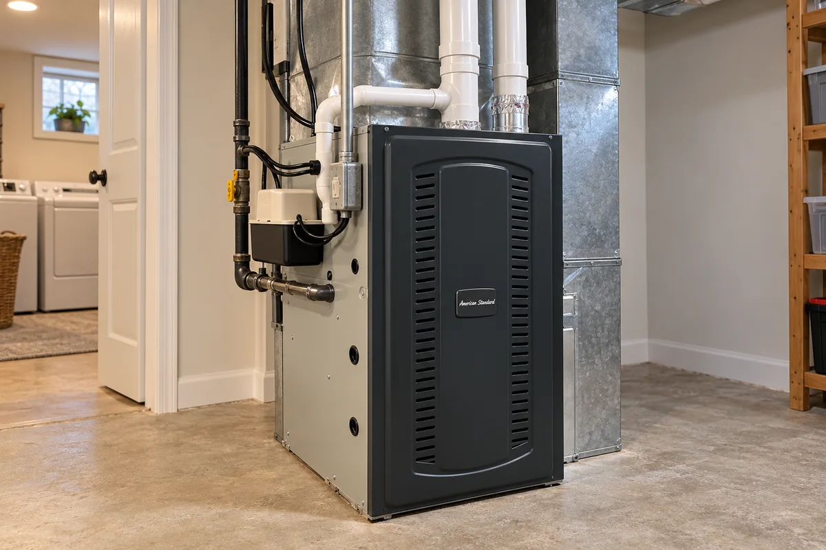 American Standard gas furnace installed with ductwork and PVC venting in a clean residential basement