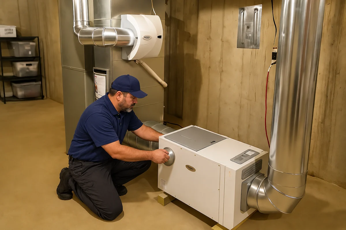 Technician connecting Aprilaire whole-home humidity equipment to residential ductwork
