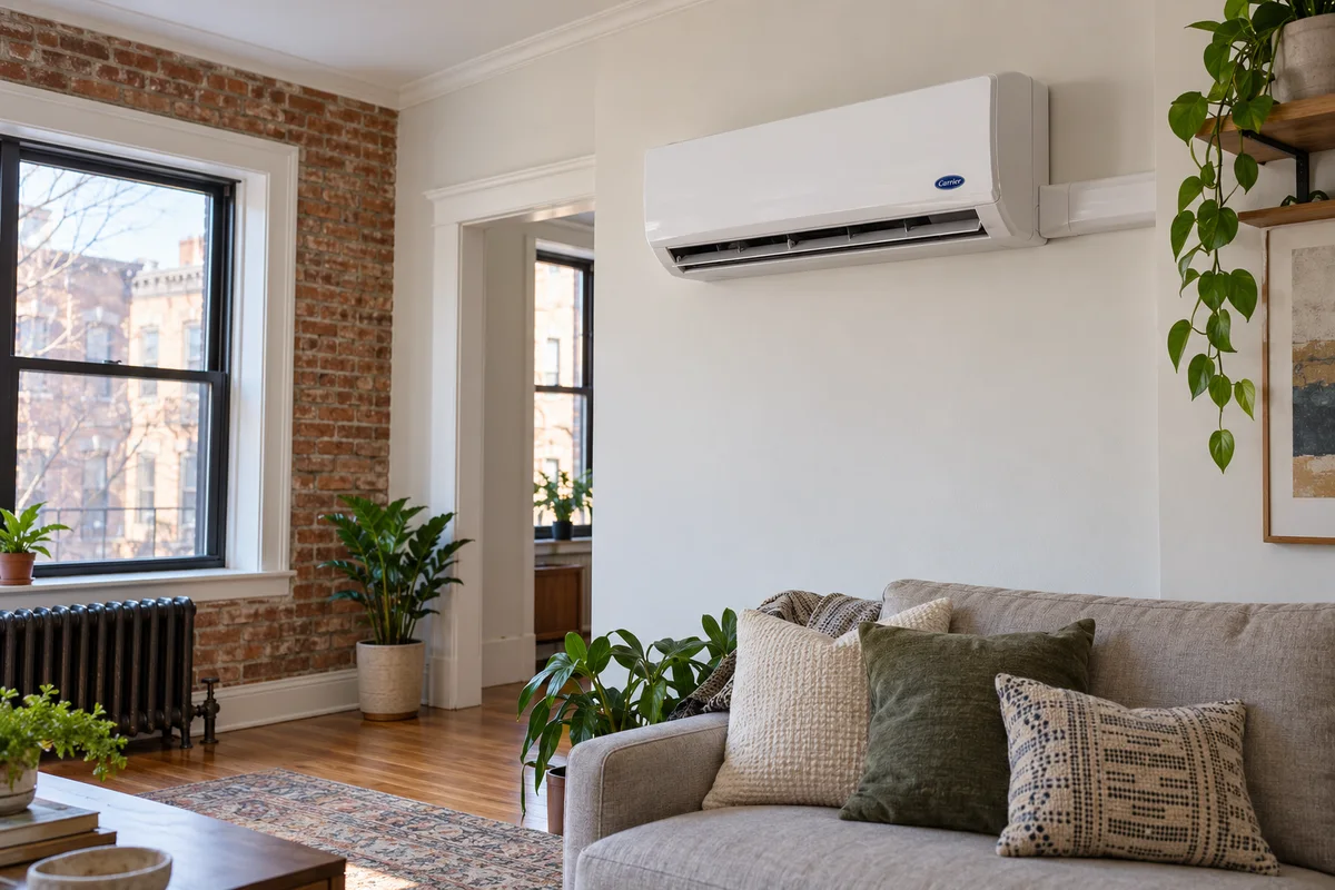 Carrier wall-mounted ductless mini-split in a Chicago two-flat apartment living room