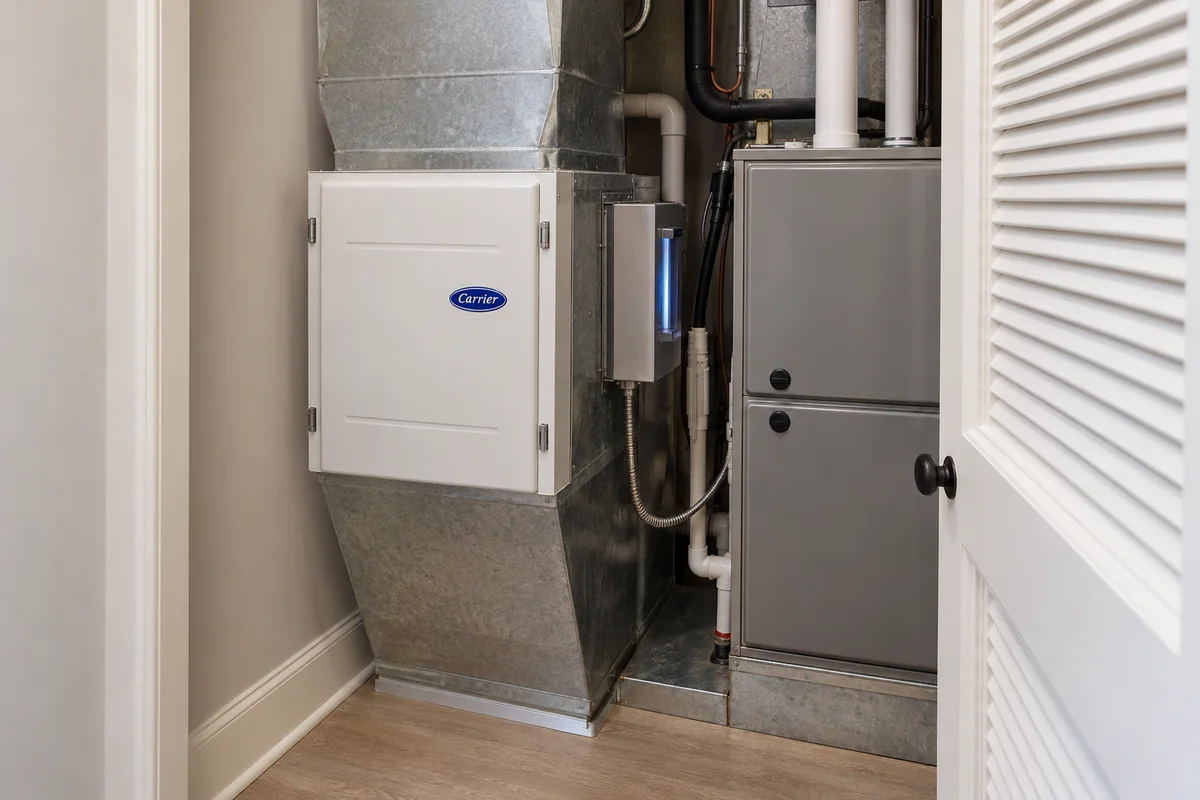 Carrier whole-home air purifier installed on a residential furnace return in a townhome utility closet