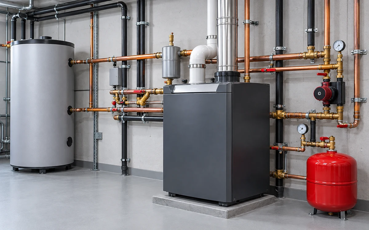 Commercial condensing boiler with organized hydronic piping, buffer tank and expansion tank