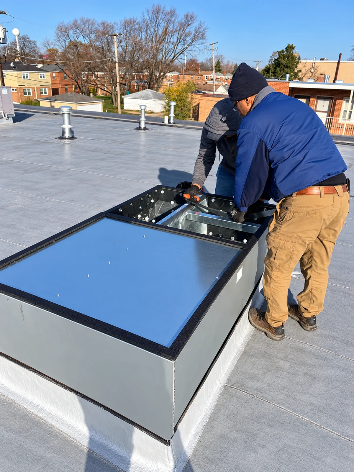 Two technicians preparing a rooftop curb for a new commercial HVAC unit