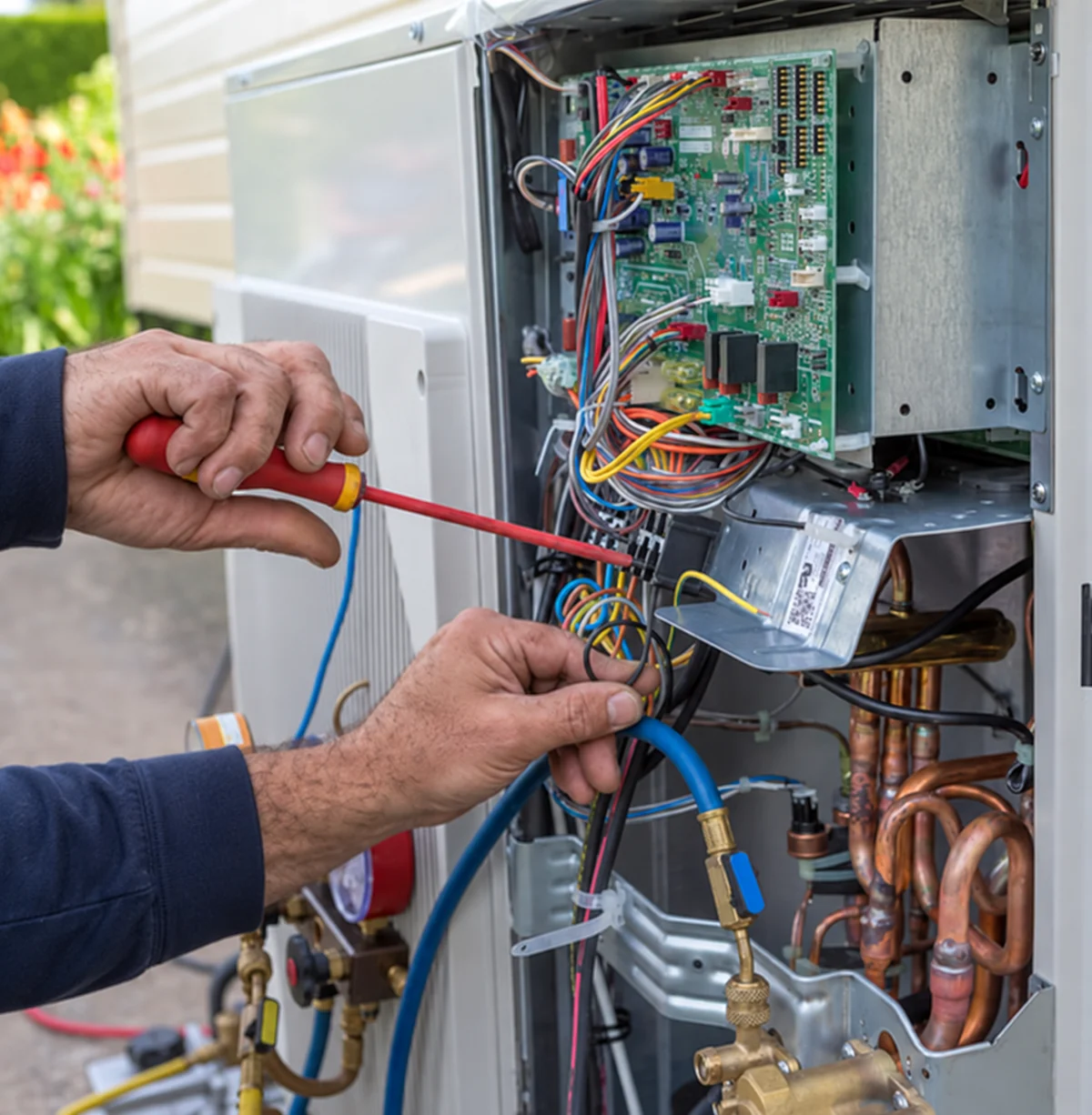 Technician testing a heat-pump control board during residential diagnosis