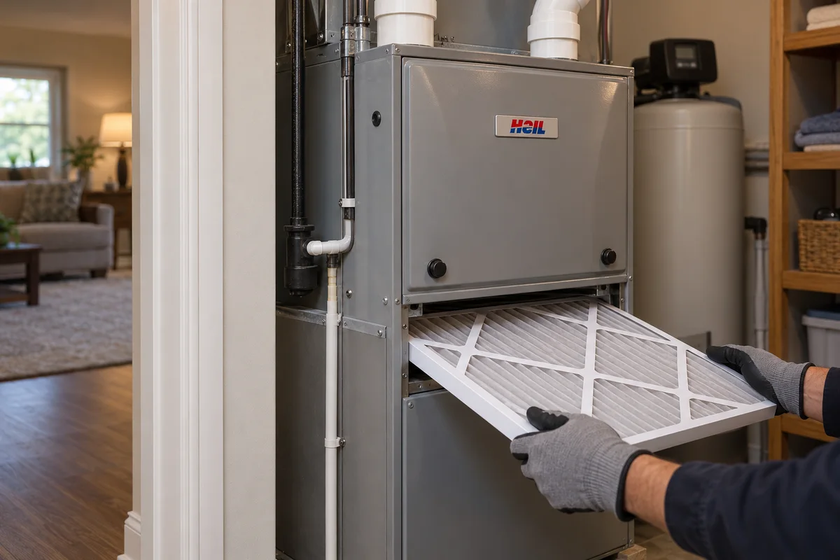 Clean filter being changed in a Heil gas furnace in a residential utility alcove