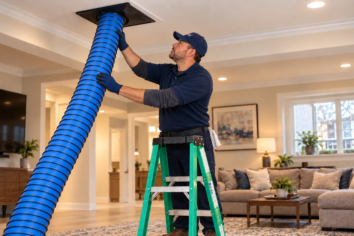Technician cleaning a ceiling duct with one large vacuum hose in a residential living room
