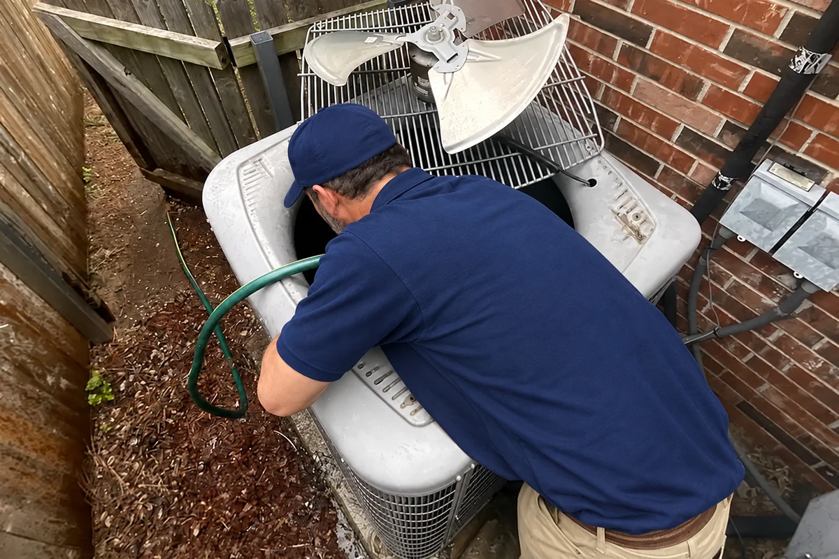 Technician rinsing the coil of an outdoor air-conditioner during residential maintenance
