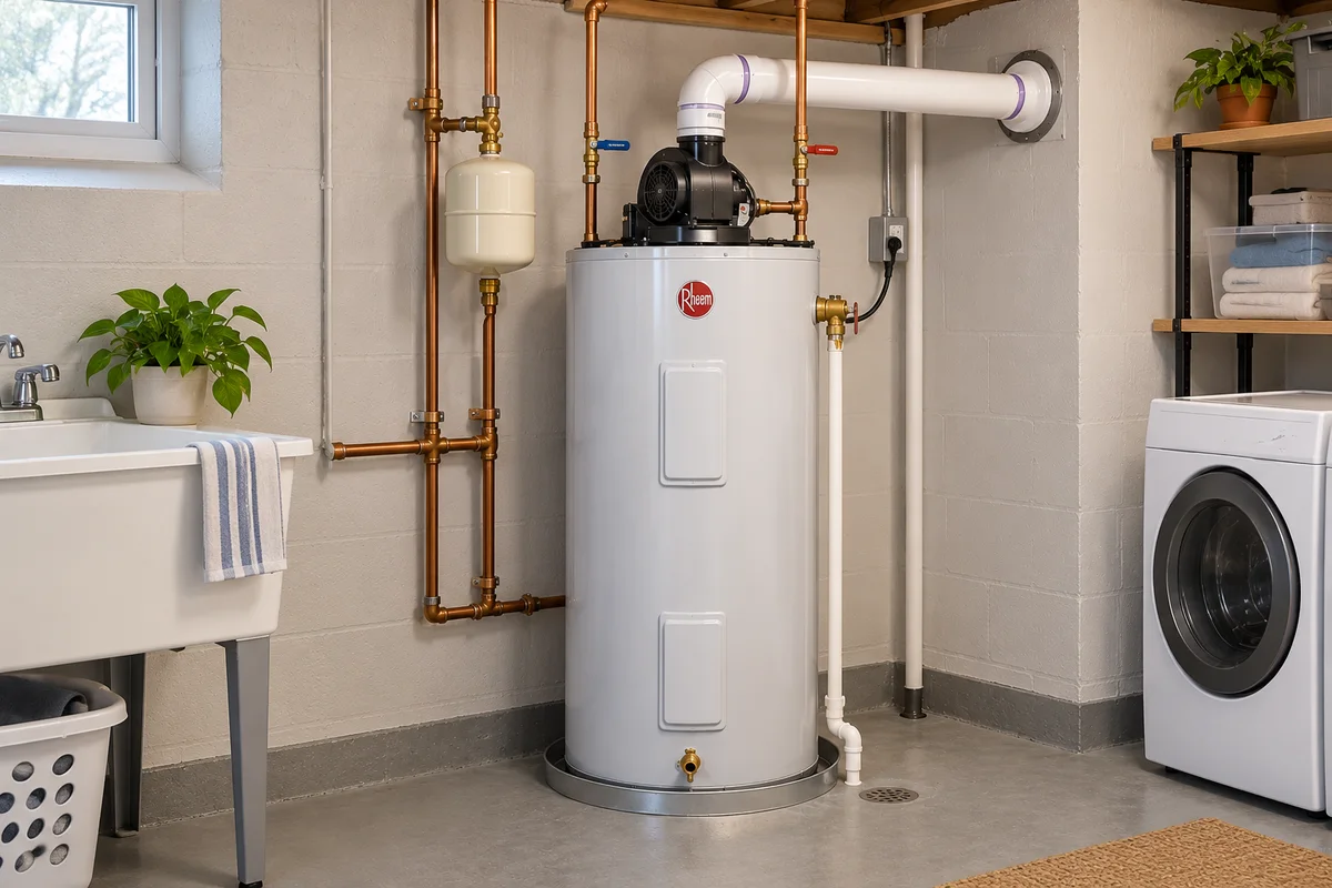Rheem power-vent water heater with PVC venting and safety connections in a clean residential laundry room