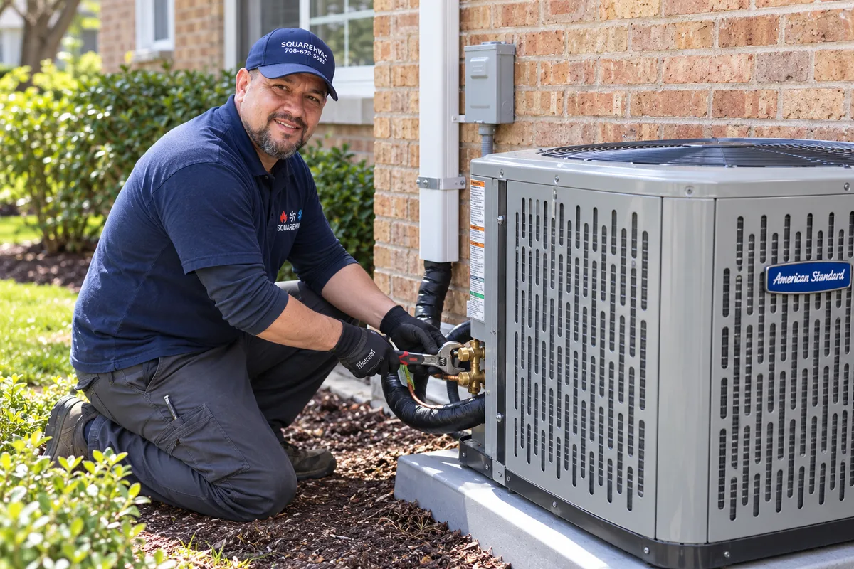 SquareHVAC technician connecting the refrigerant lines to a new outdoor air conditioner