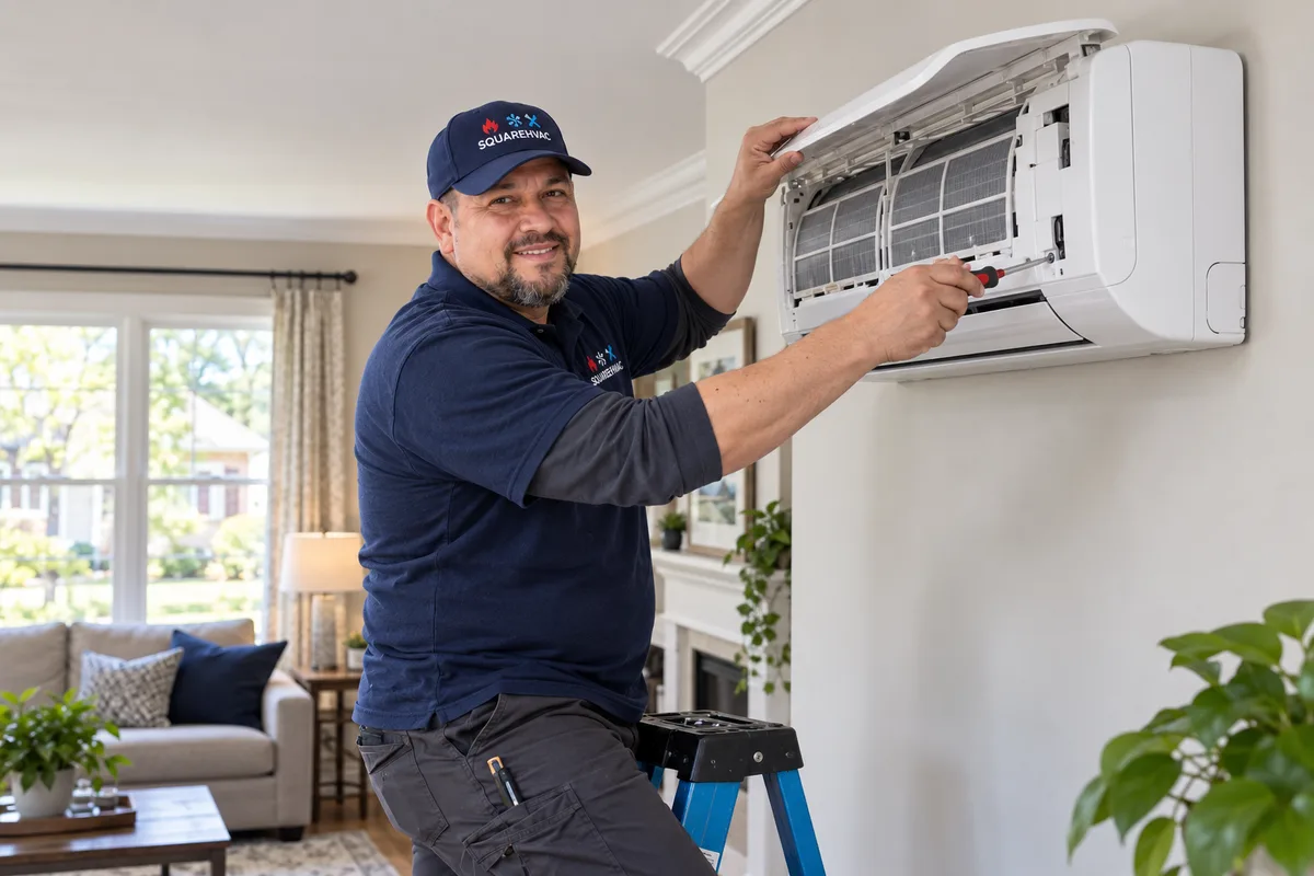 SquareHVAC technician servicing a wall-mounted ductless unit in a living room